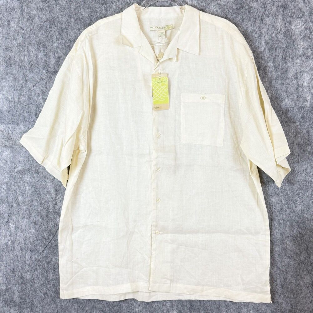 NWT 3XL BIG 100% LINEN Syllables Mens Cream Casual Short Sleeve Button Up Shirt